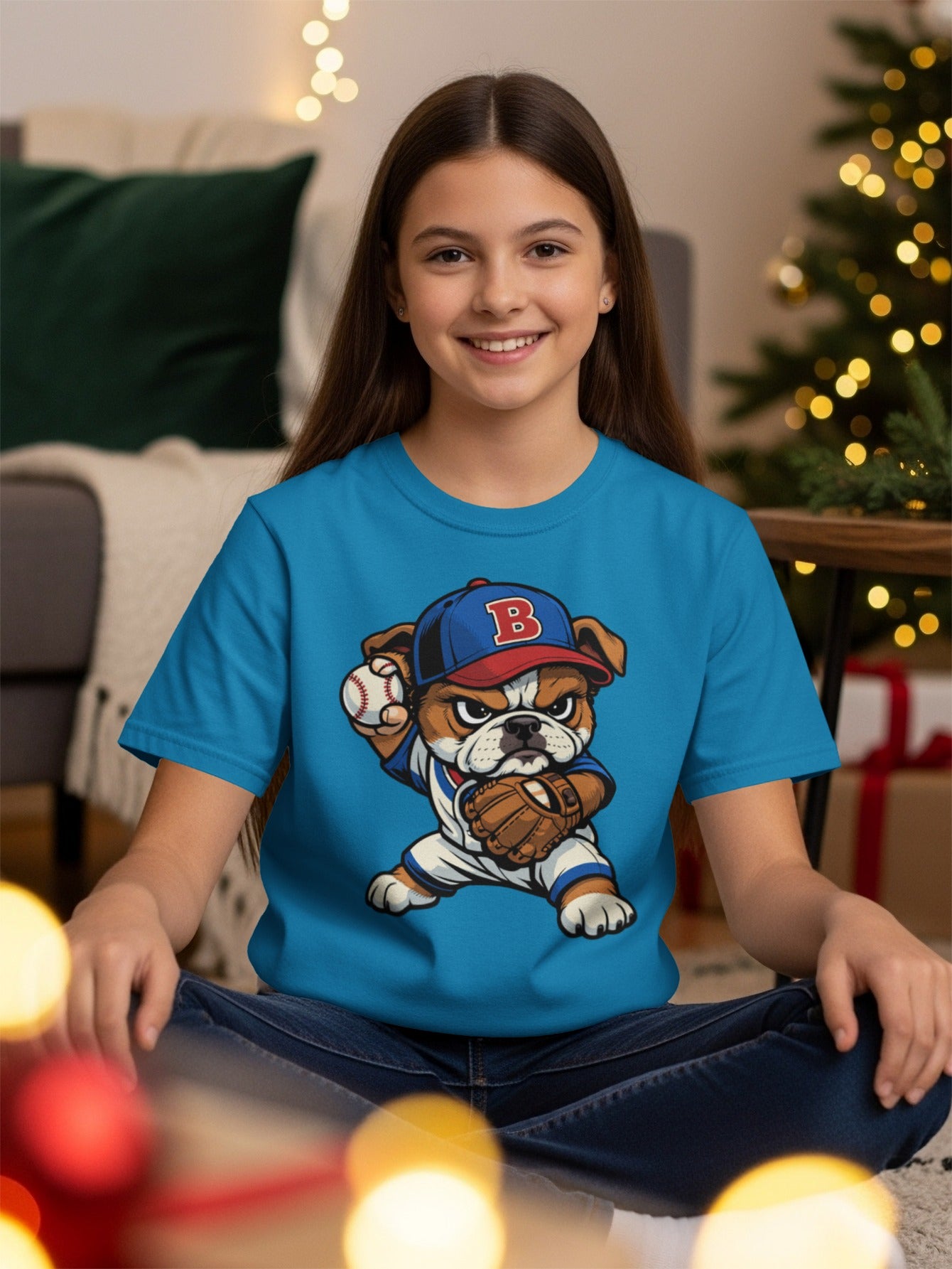 Bulldog in baseball uniform with "B" hat holding baseball and mitt.