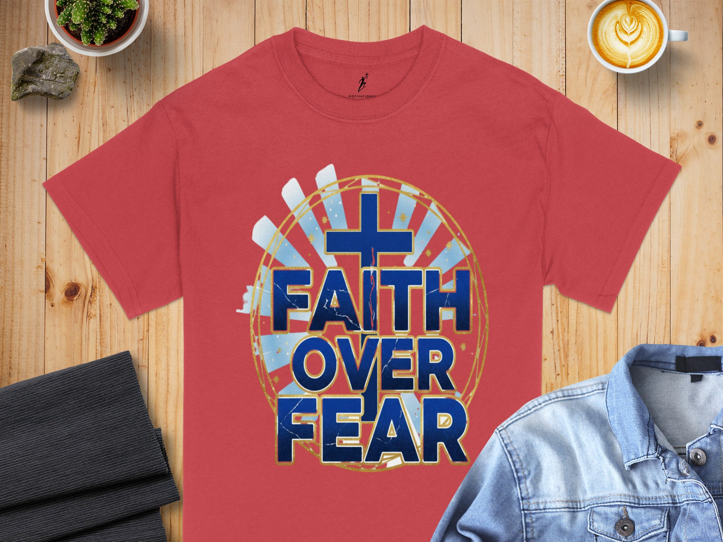 Red t-shirt with "FAITH OVER FEAR" text and a cross graphic.