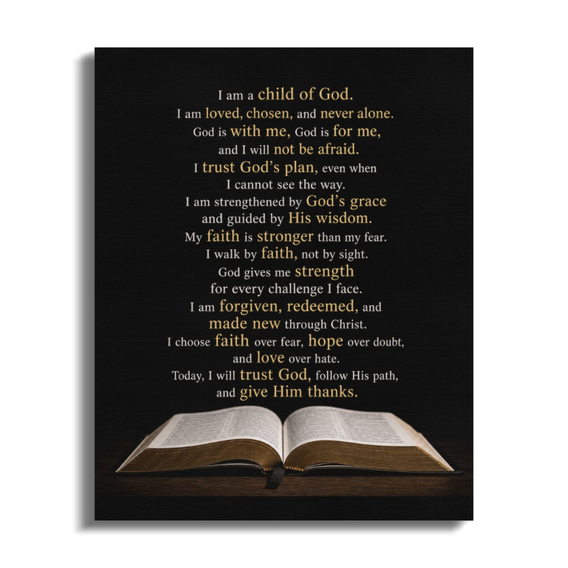 Open Bible with text "I am a child of God" and faith-based affirmations.