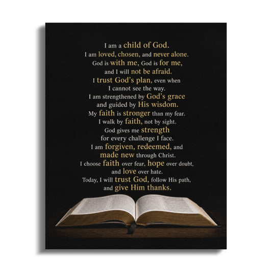 Open Bible with text "I am a child of God" and faith-based affirmations.