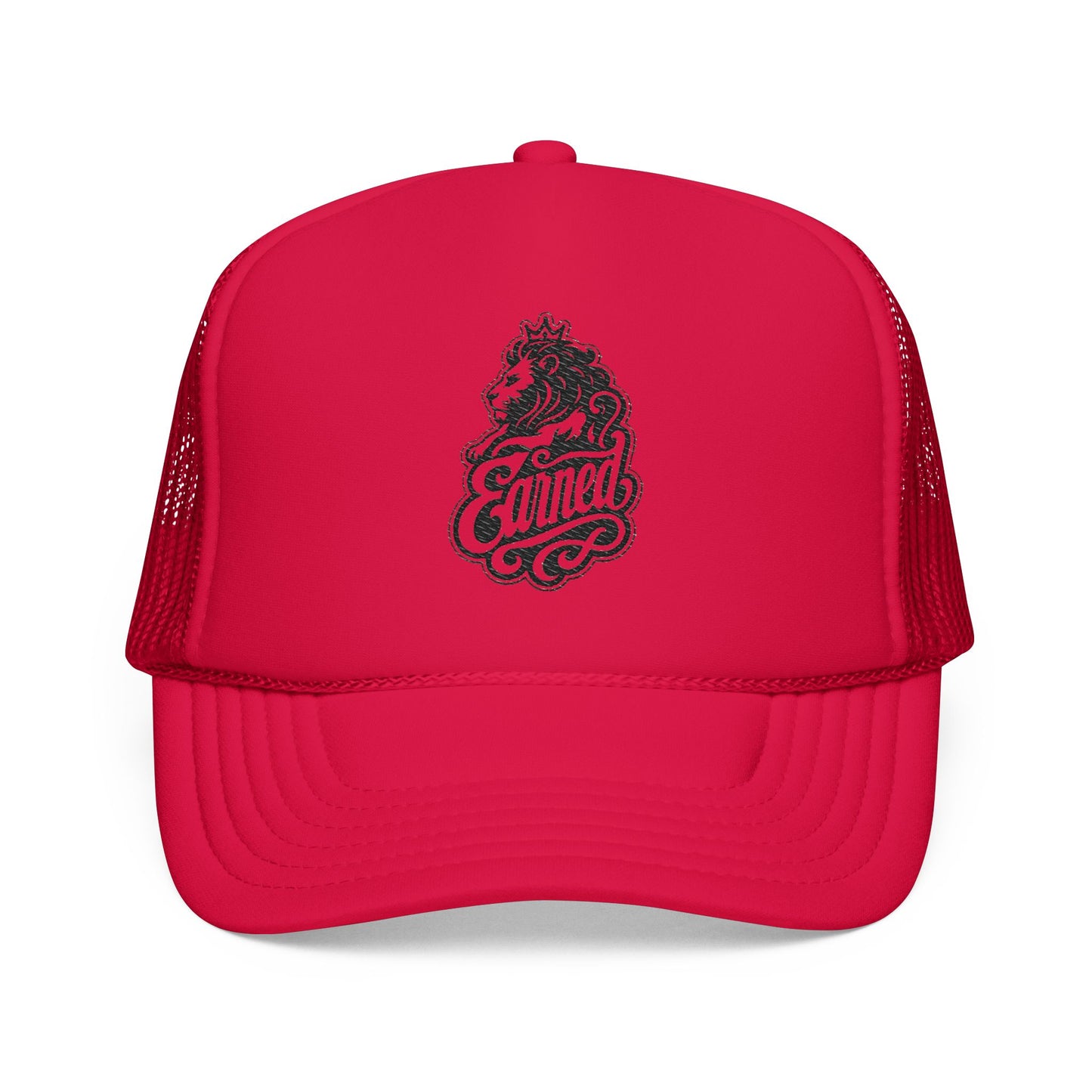 Red trucker hat with a lion wearing a crown and the word "Earned".