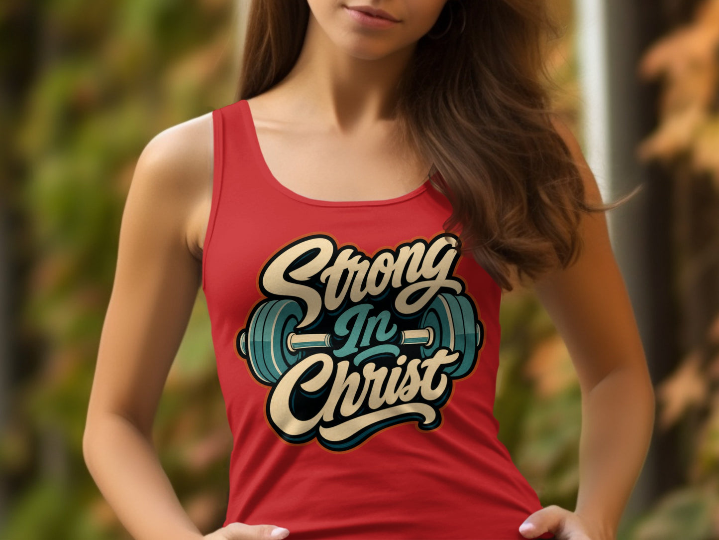 Red tank top with "Strong In Christ" text and barbell graphic.