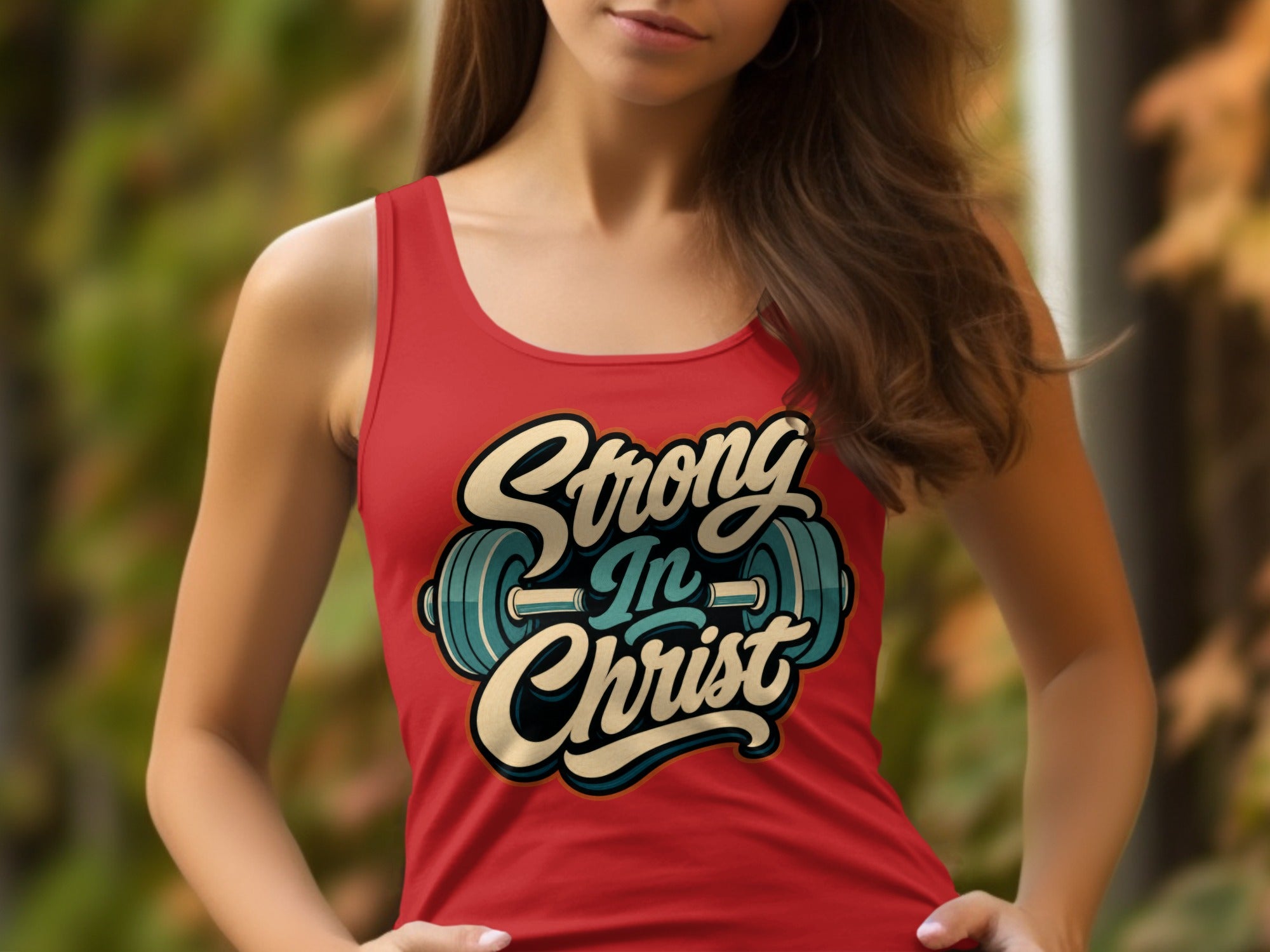 Red tank top with "Strong In Christ" text and barbell graphic.