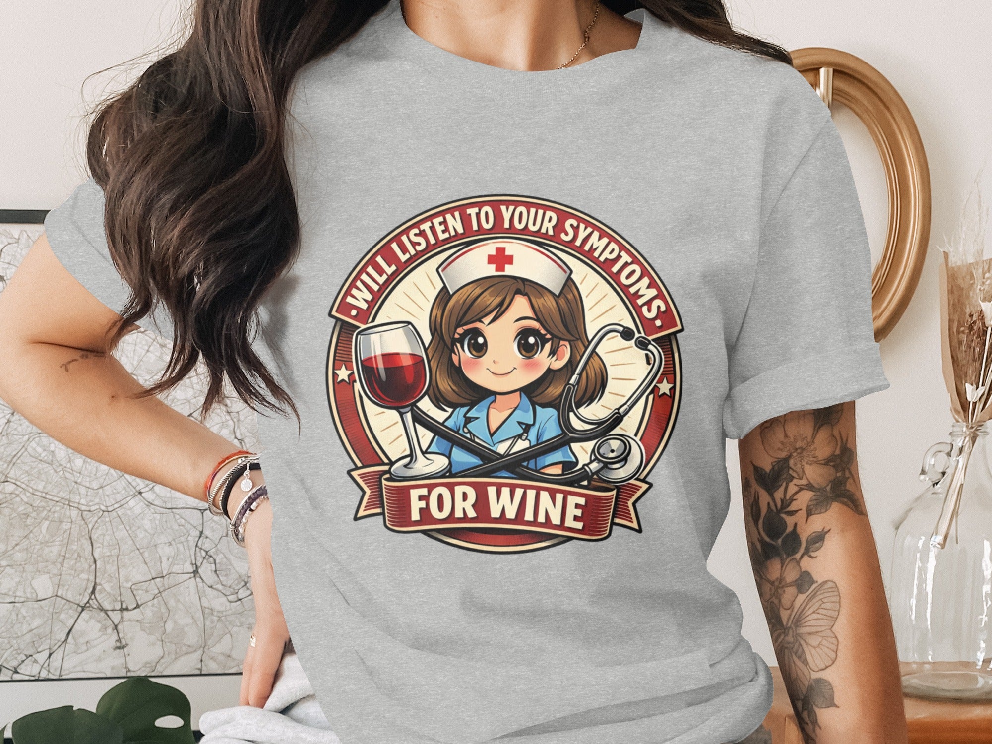 Nurse cartoon with stethoscope, wine glass, and text "Will listen to your symptoms for wine."