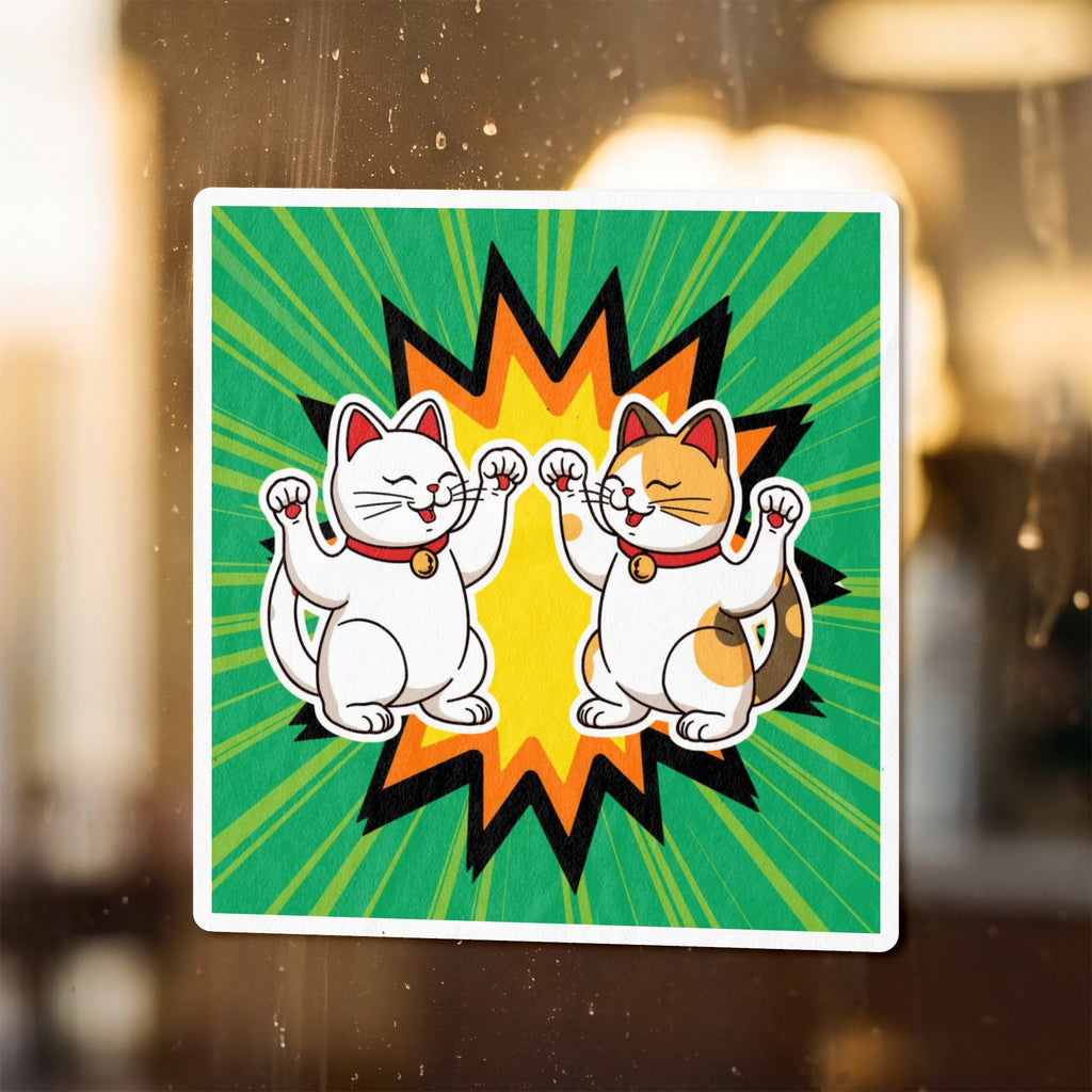 Two cartoon cats, one white and one calico, wave their arms in celebration.