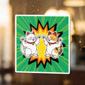Two cartoon cats, one white and one calico, wave their arms in celebration.