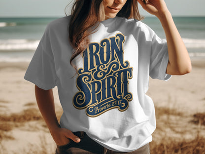 White t-shirt with "Iron Spirit" and "Proverbs 27:17" in blue and gold lettering.