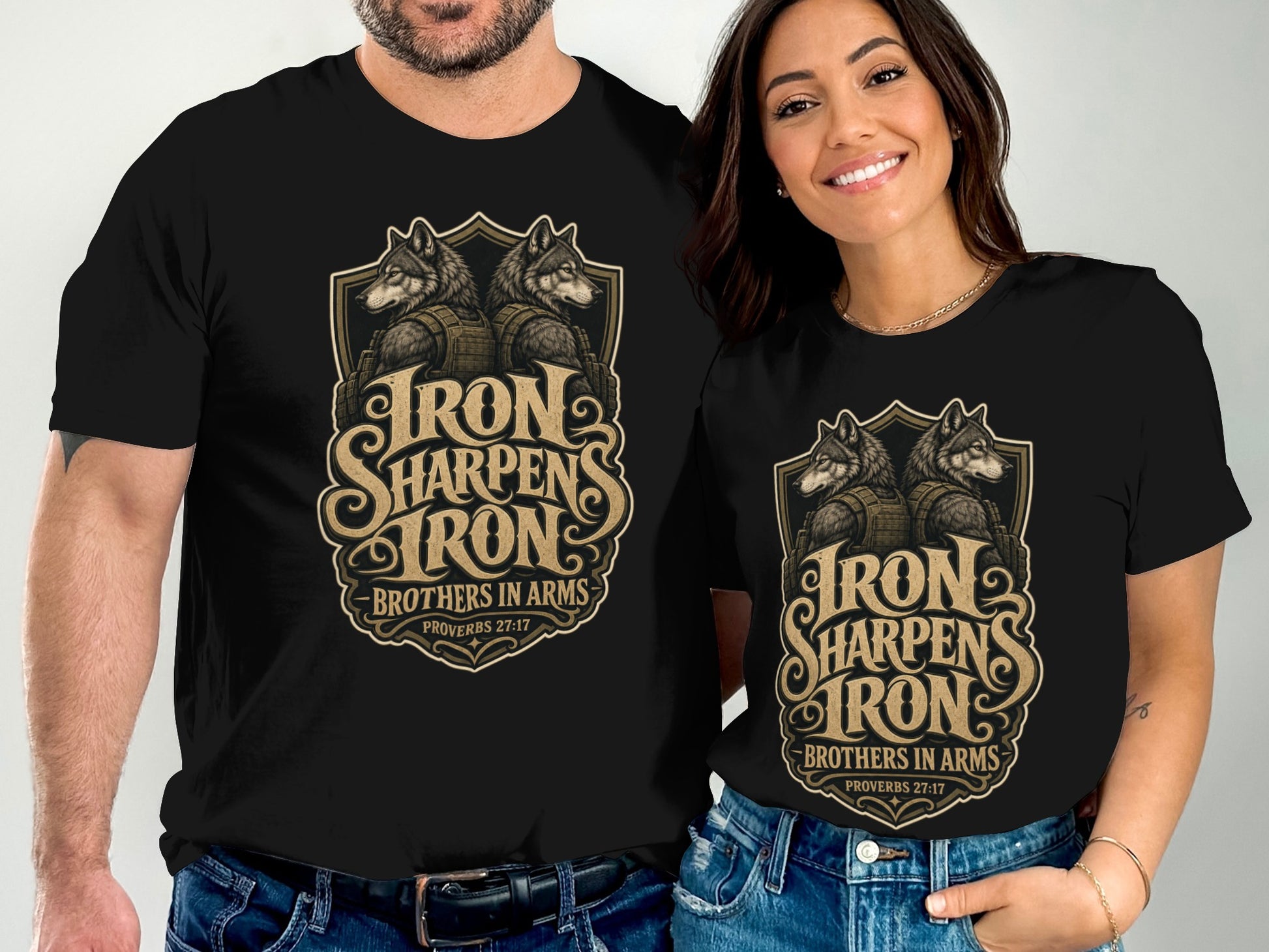 Black t-shirts with "Iron Sharpens Iron Brothers in Arms Proverbs 27:17" and wolf artwork.