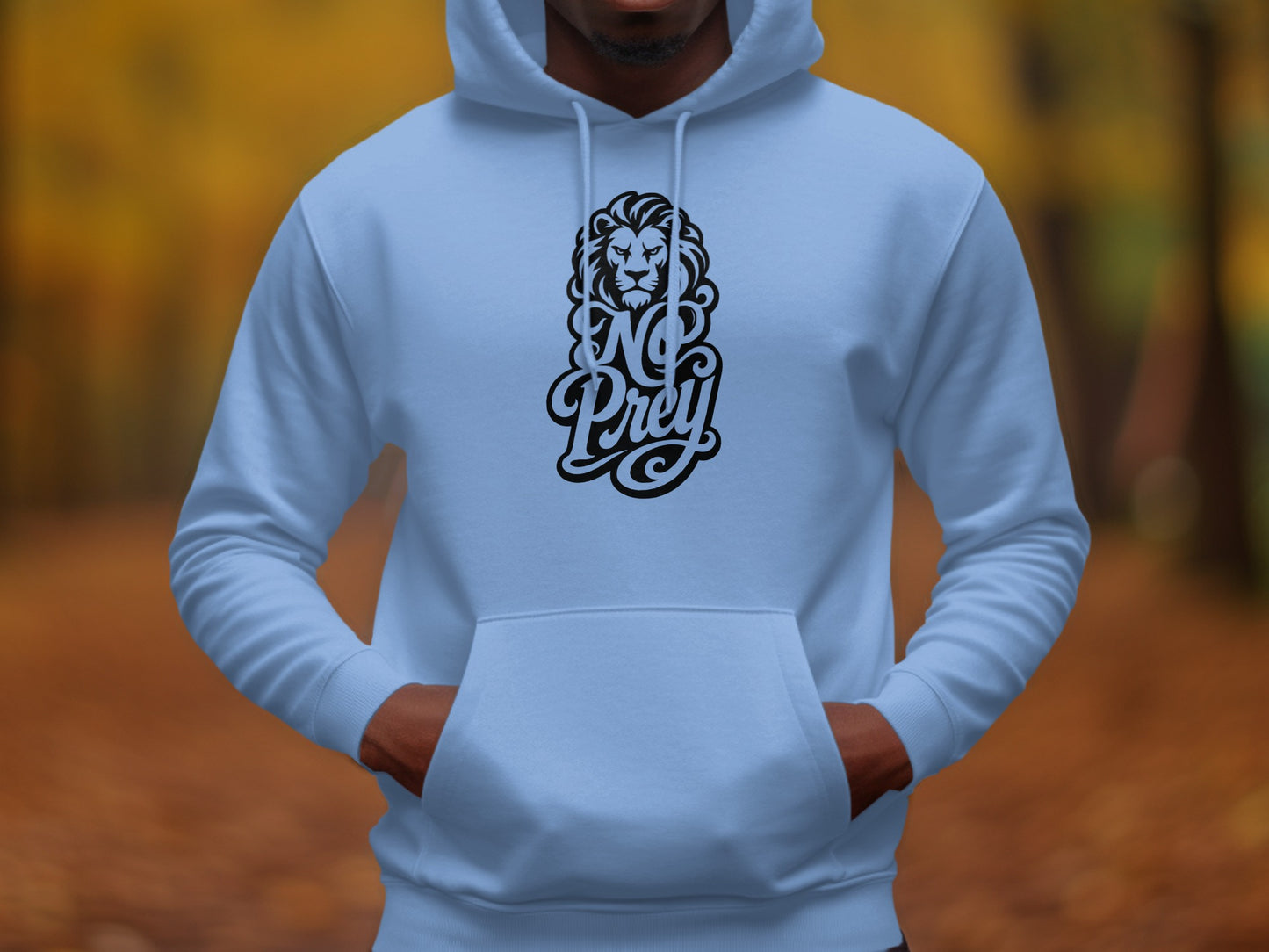 Light blue hoodie with black lion and "No Prey" graphic on chest.