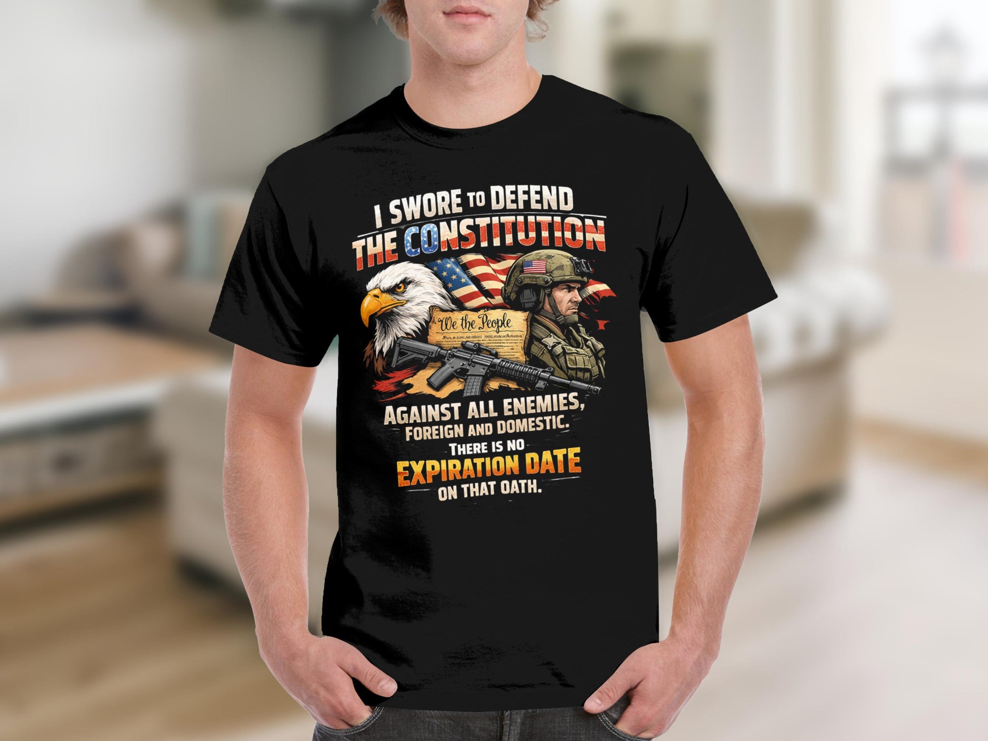 Black t-shirt with eagle, soldier, rifle, and "I swore to defend the Constitution" text.