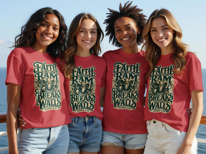 Four smiling women in red t-shirts show graphic reading "Faith is the Ram that Breaks the Walls".