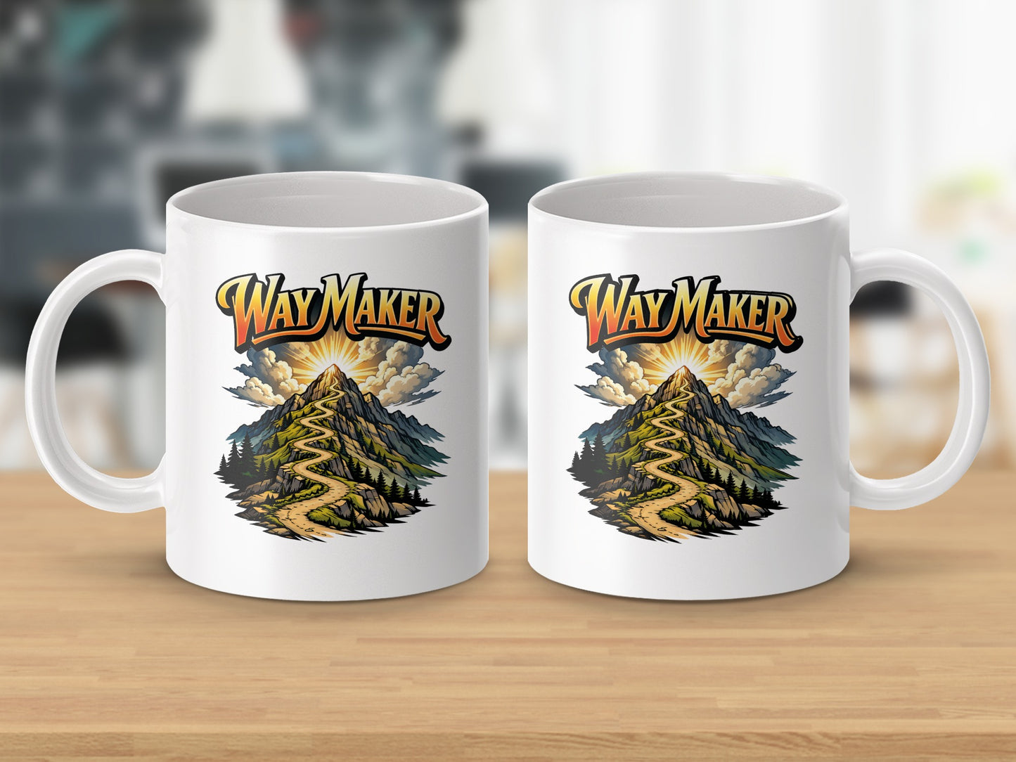 White mugs with "Way Maker" text and mountain pathway artwork.