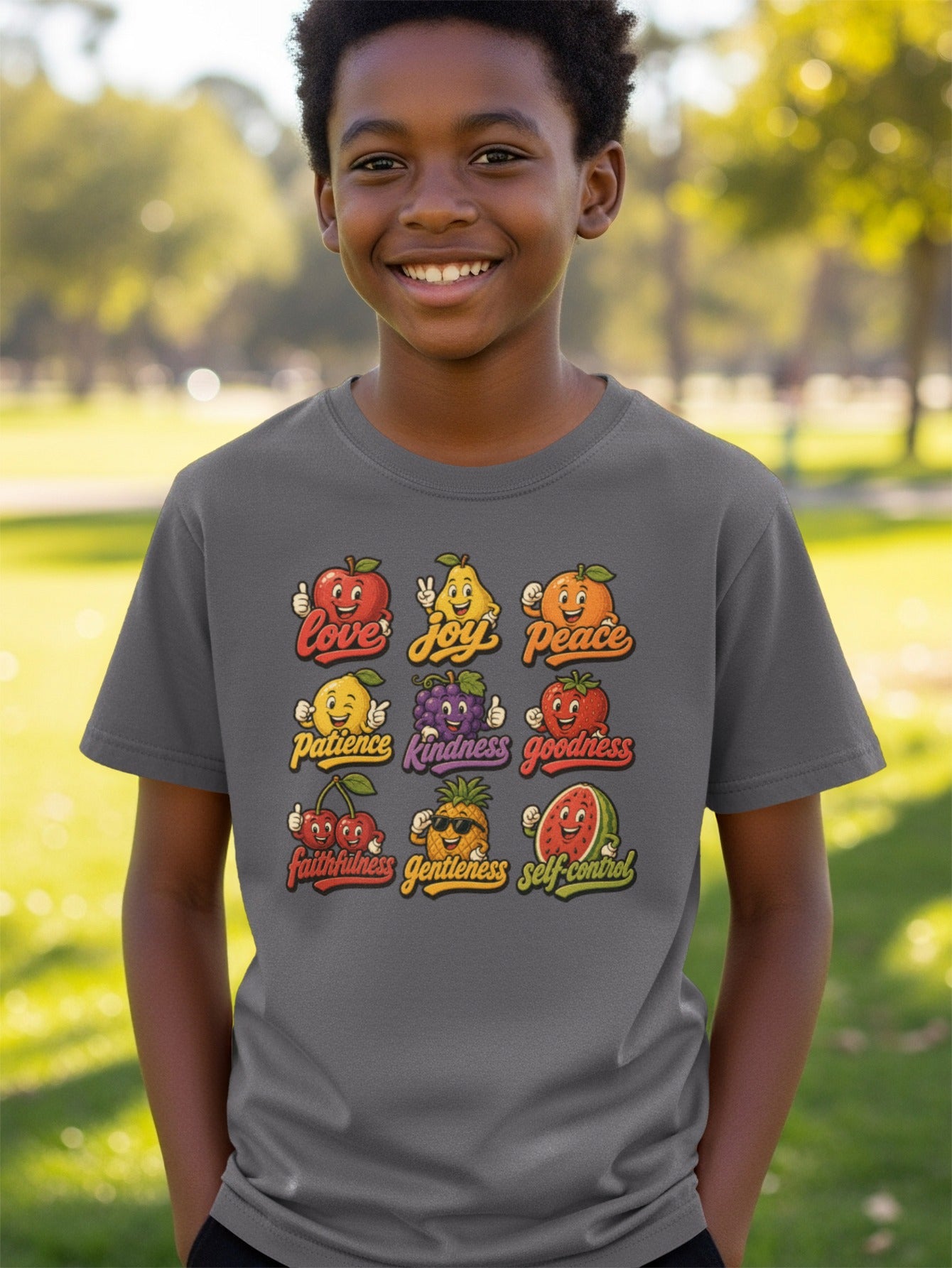 T-shirt with cartoon fruits spelling out "love, joy, peace, patience, kindness, goodness, faithfulness, gentleness, self-control."