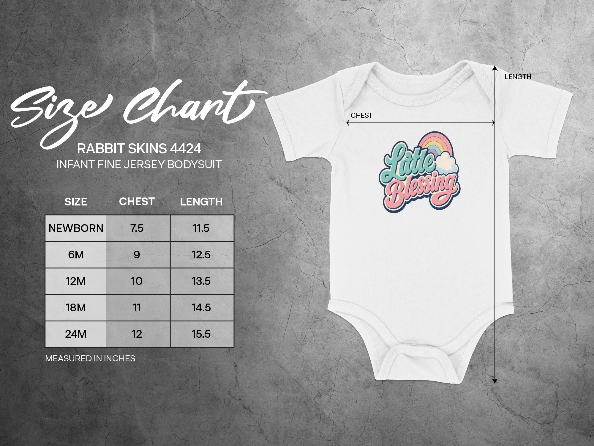 Rabbit Skins 4424 infant size chart for fine jersey bodysuits.