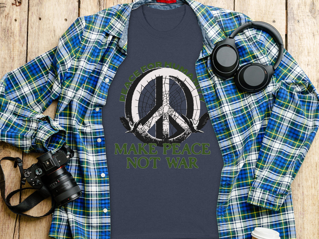Dark t-shirt with peace sign, doves, and text "MAKE PEACE NOT WAR".