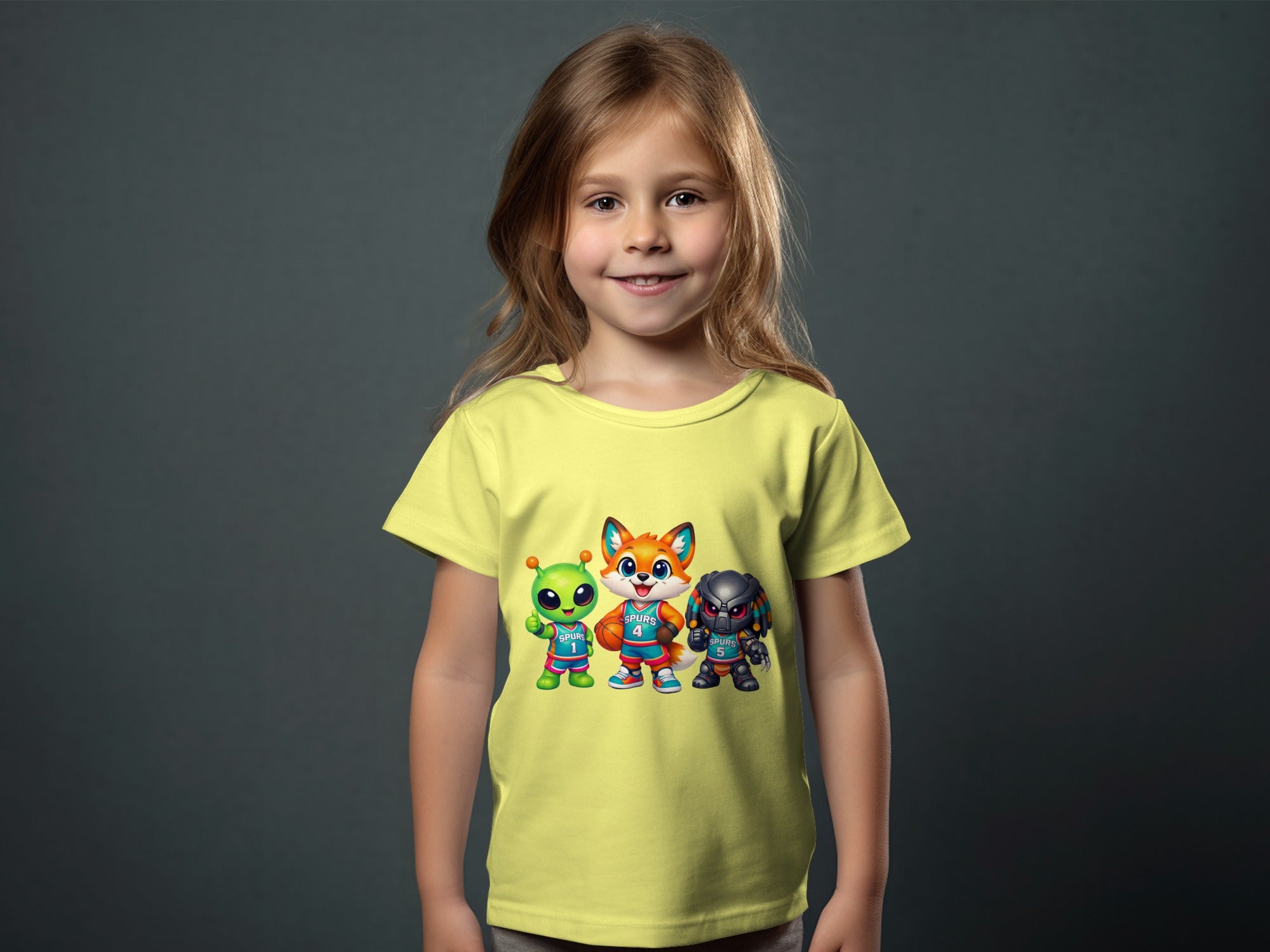 Girl wearing yellow t-shirt with alien, fox, and robot characters playing basketball.