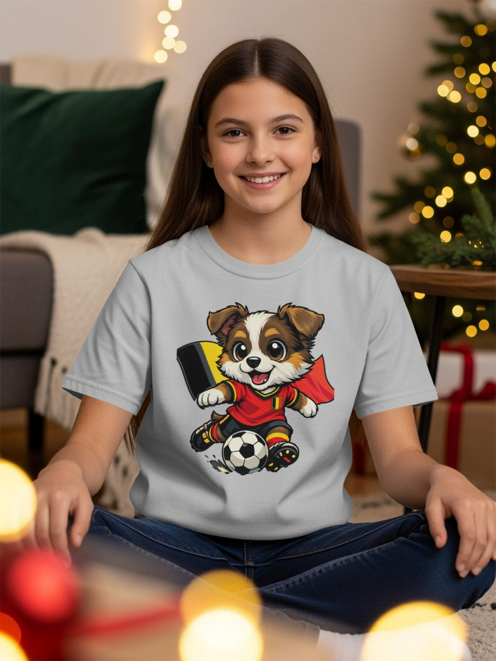 Cartoon dog wearing Belgium soccer jersey and flag, kicking a soccer ball.