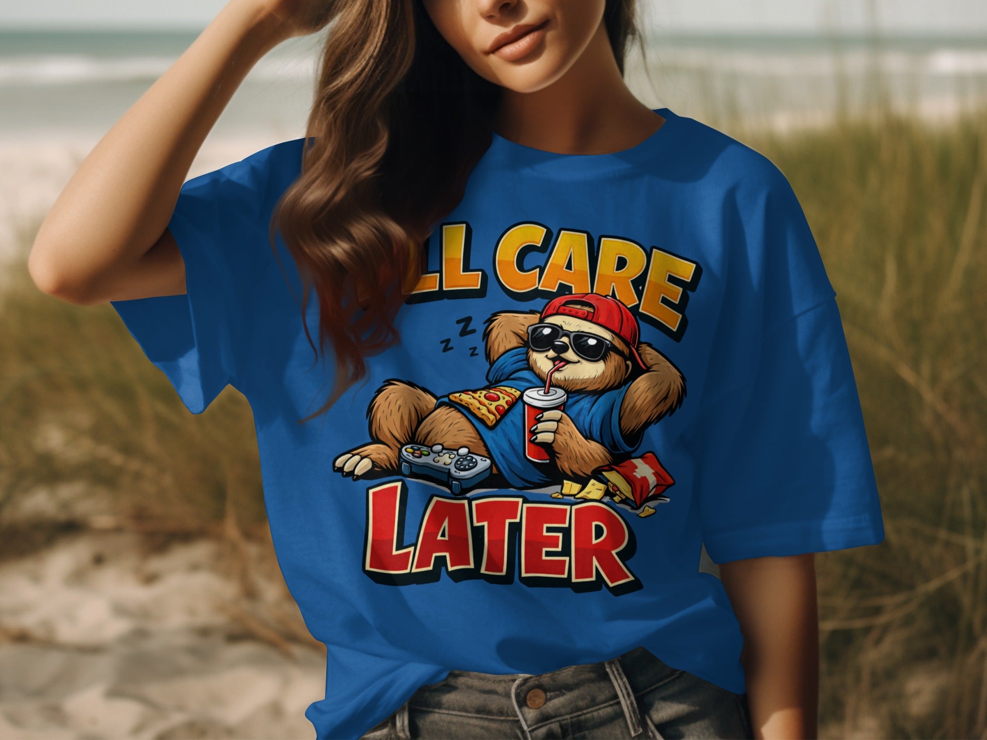 Blue t-shirt with a sloth graphic that says "I'LL CARE LATER".