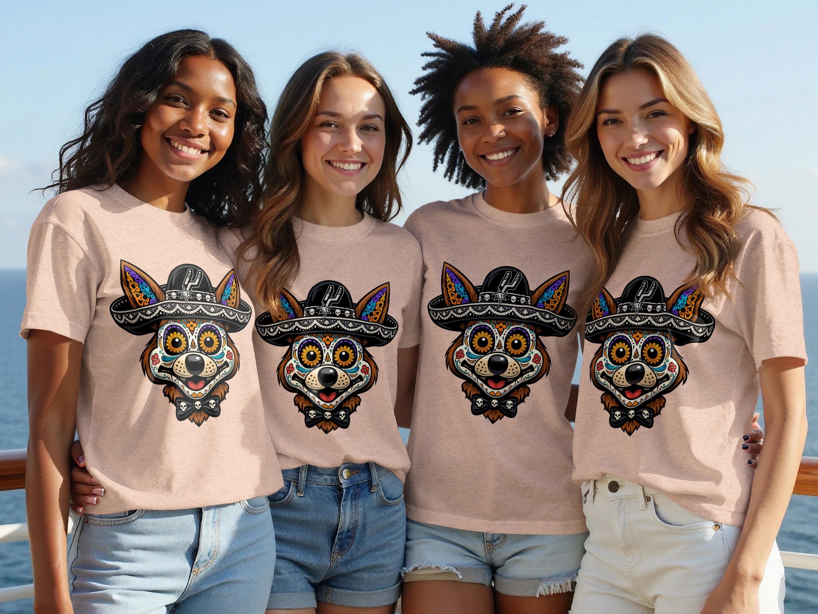 Four women pose together on a deck wearing t-shirts with a colorful Day of the Dead dog graphic.