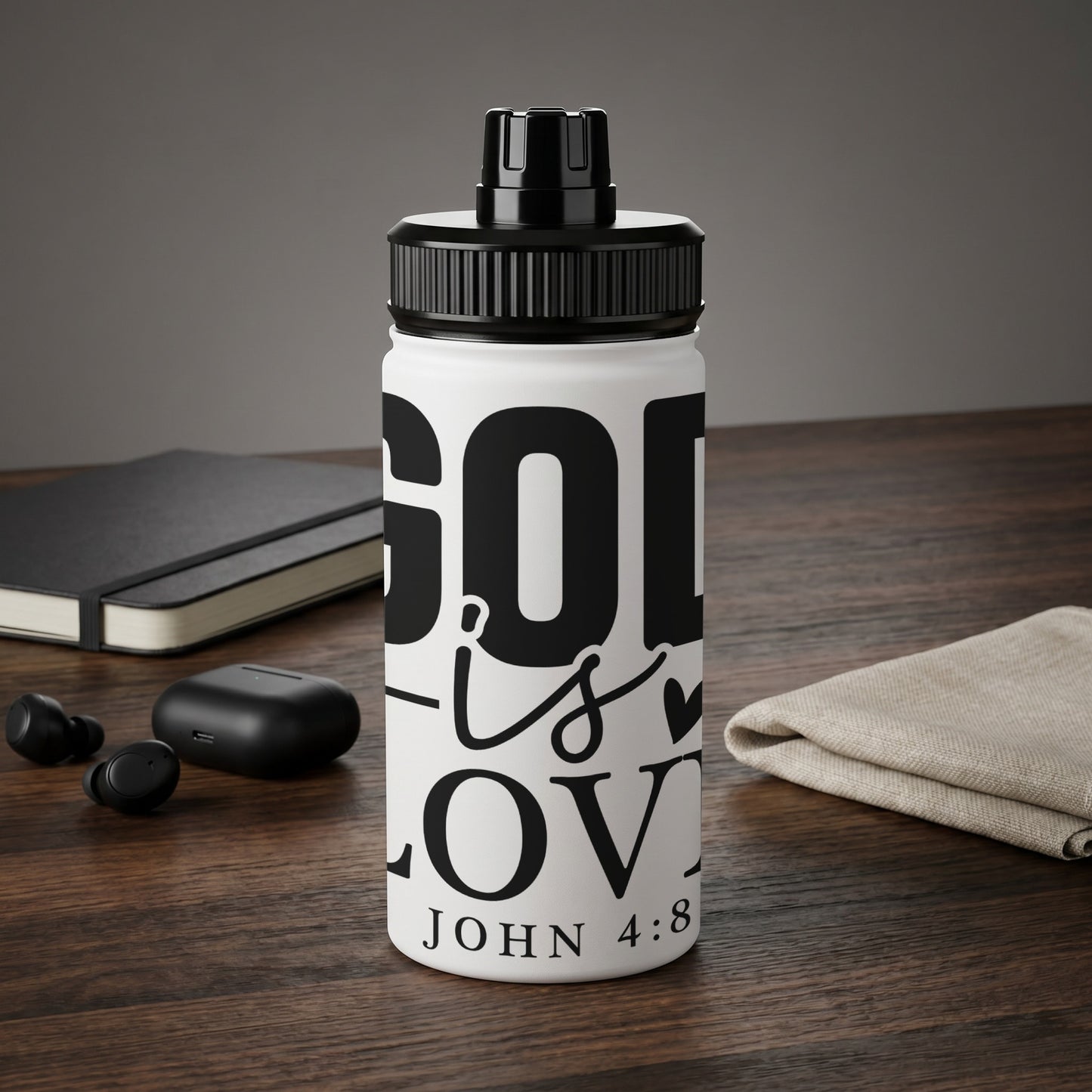 White water bottle with black text "GOD is LOVE JOHN 4:8".