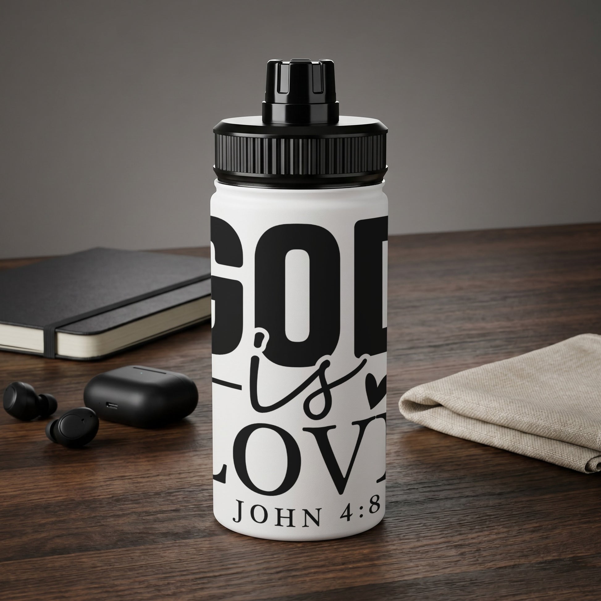 White water bottle with black text "GOD is LOVE JOHN 4:8".