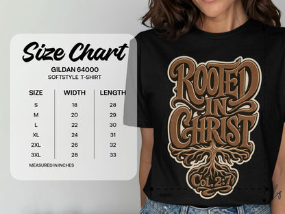 Size chart for Gildan 64000 Softstyle t-shirt with "Rooted in Christ" graphic.