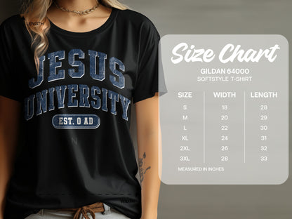 Black t-shirt with "Jesus University Est. 0 AD" graphic and Gildan 64000 size chart.
