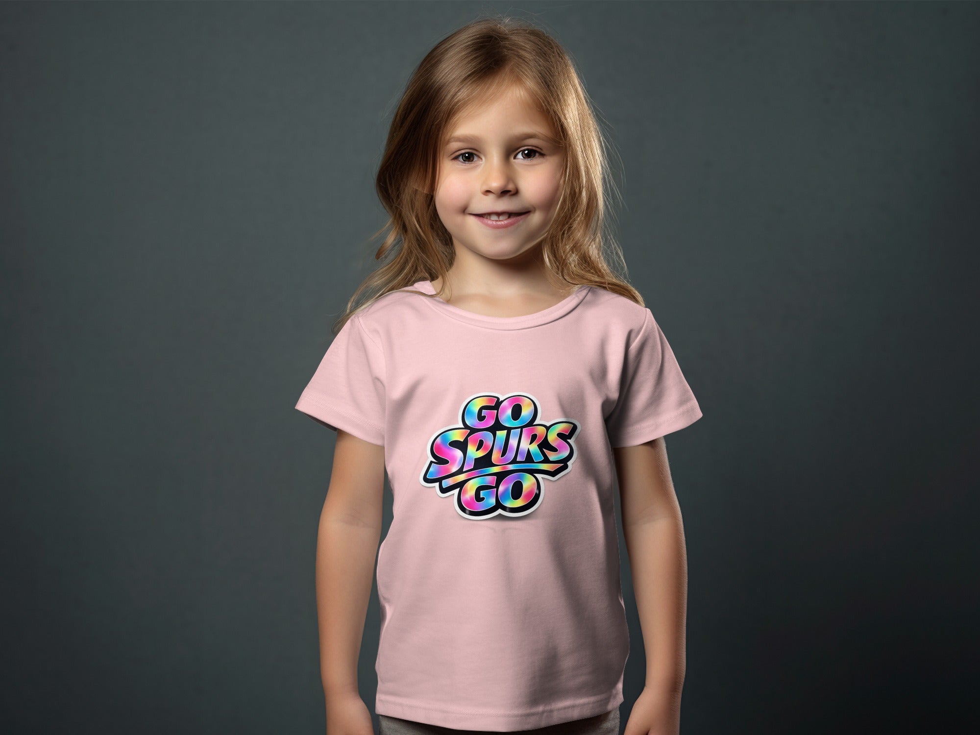 Girl wearing a pink t-shirt with "GO SPURS GO" text in gradient colors.