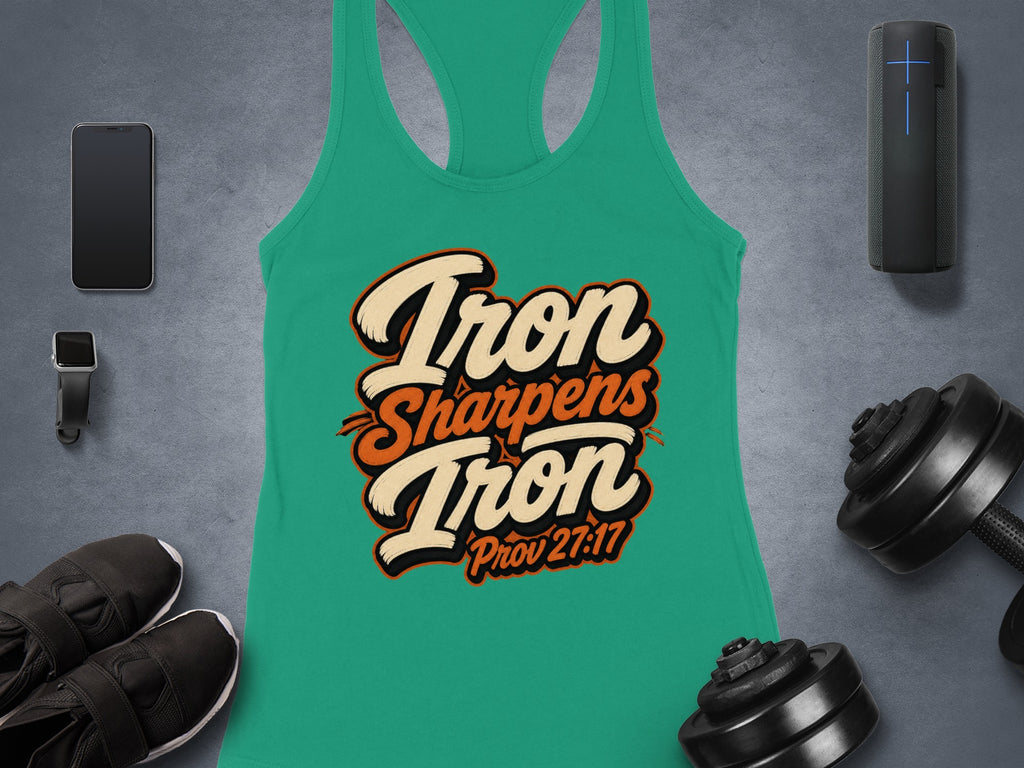 Teal tank top with "Iron Sharpens Iron Prov 27:17" text and workout accessories