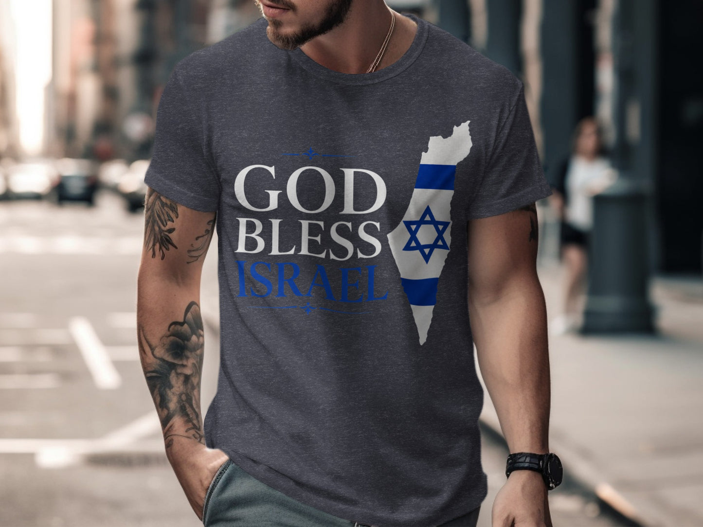 Dark t-shirt with "GOD BLESS ISRAEL" text and Israel map with flag.