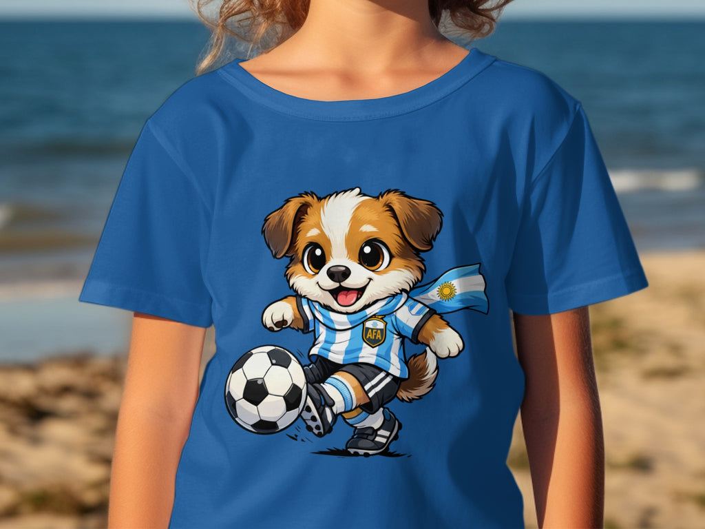 Cartoon dog wearing an Argentina soccer uniform kicking a soccer ball.
