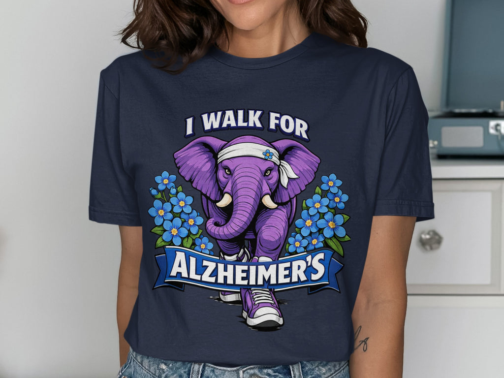 Purple elephant with forget-me-nots and banner saying "I walk for Alzheimer's".
