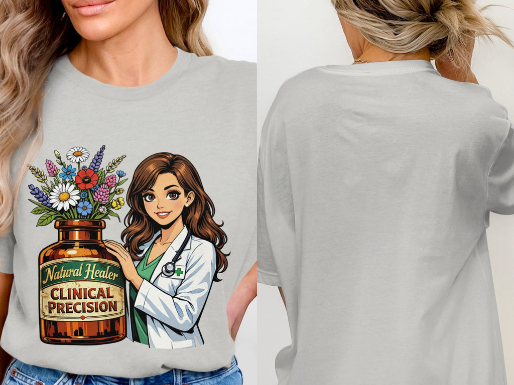 Graphic of a doctor with flowers in a jar labeled "Natural Healer Clinical Precision."