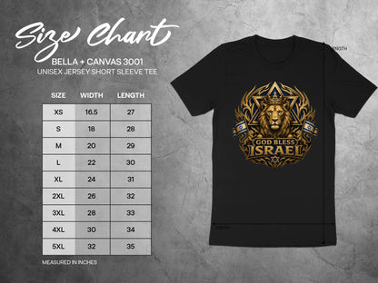 Size chart for Bella + Canvas 3001 unisex tee, featuring a lion with a crown and Star of David.