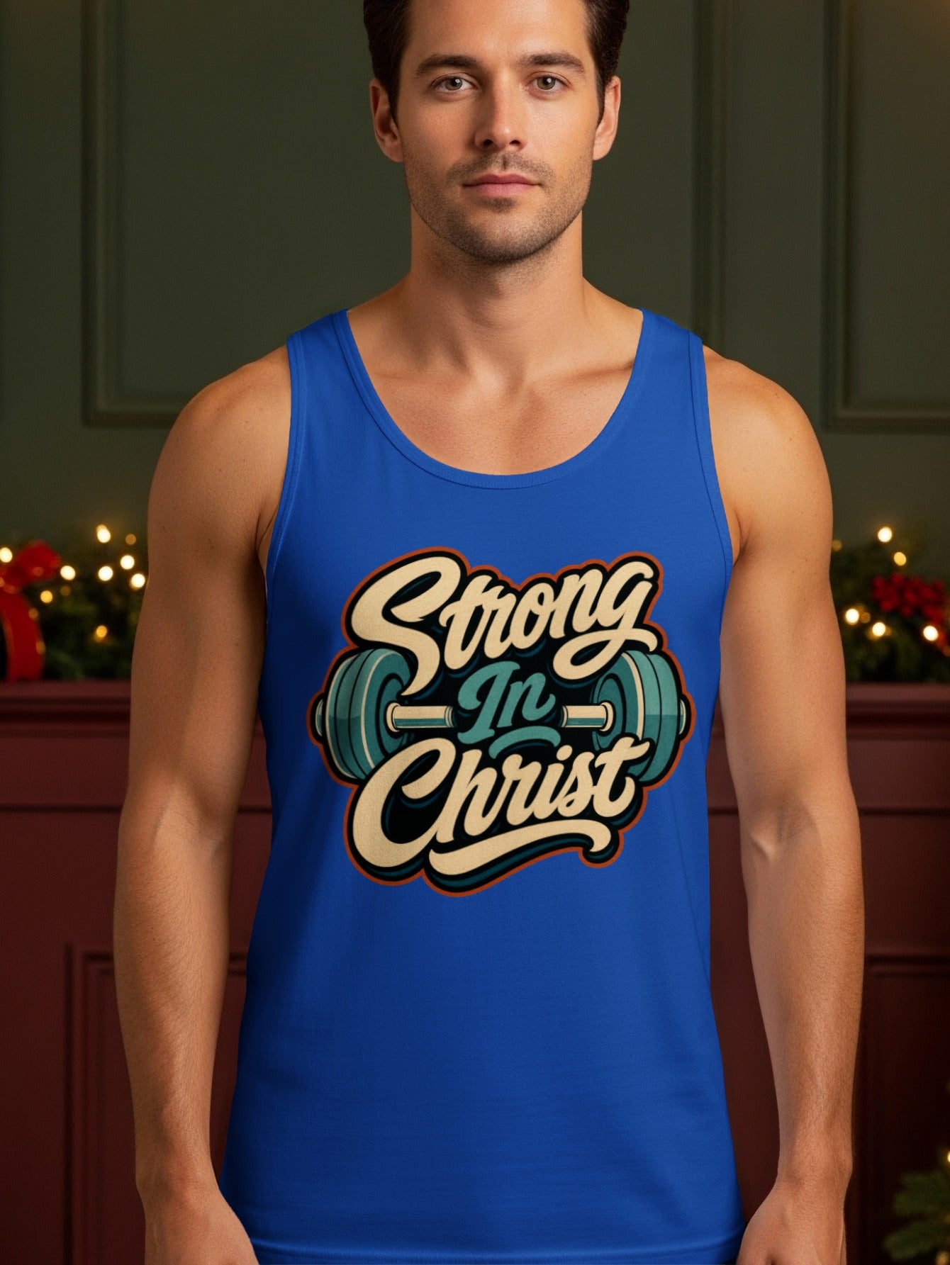 Blue tank top with "Strong In Christ" text and barbell graphic.