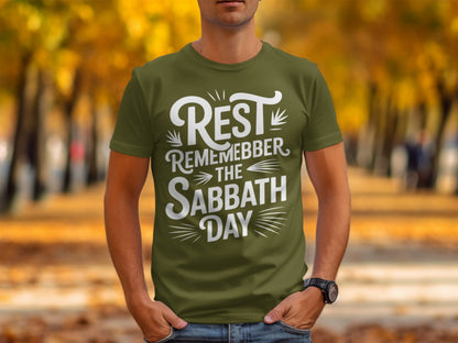 Green t-shirt with white text reading "REST REMEMBER THE SABBATH DAY".