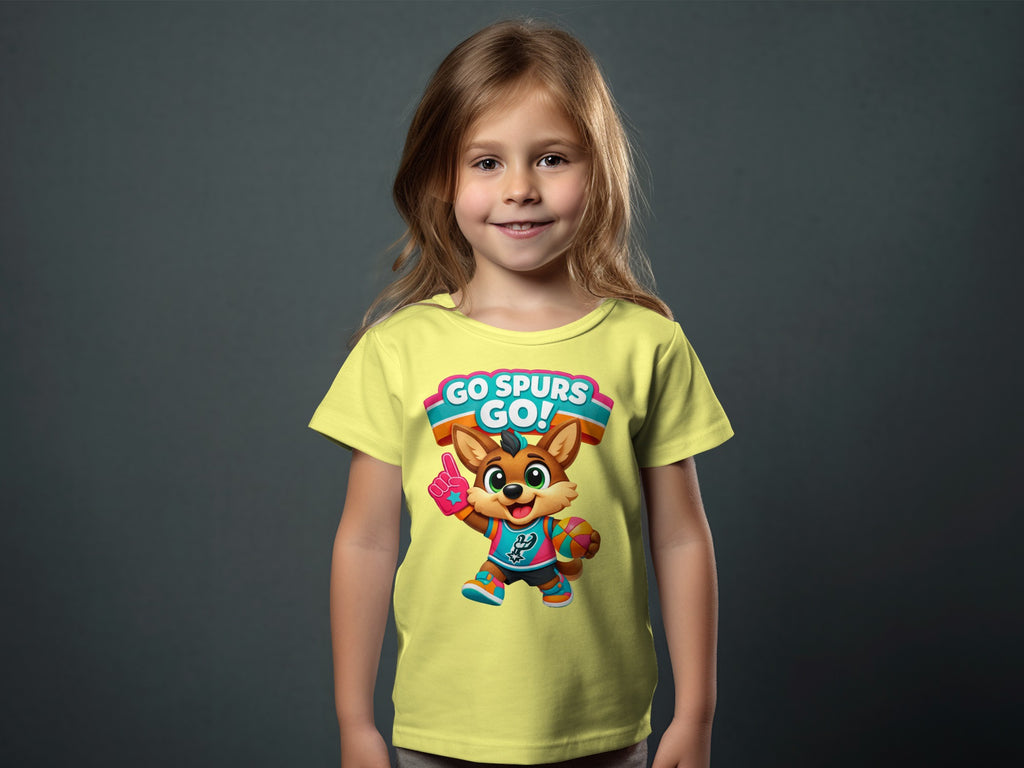 Young girl in yellow t-shirt displaying cartoon fox mascot with "GO SPURS GO!" text.
