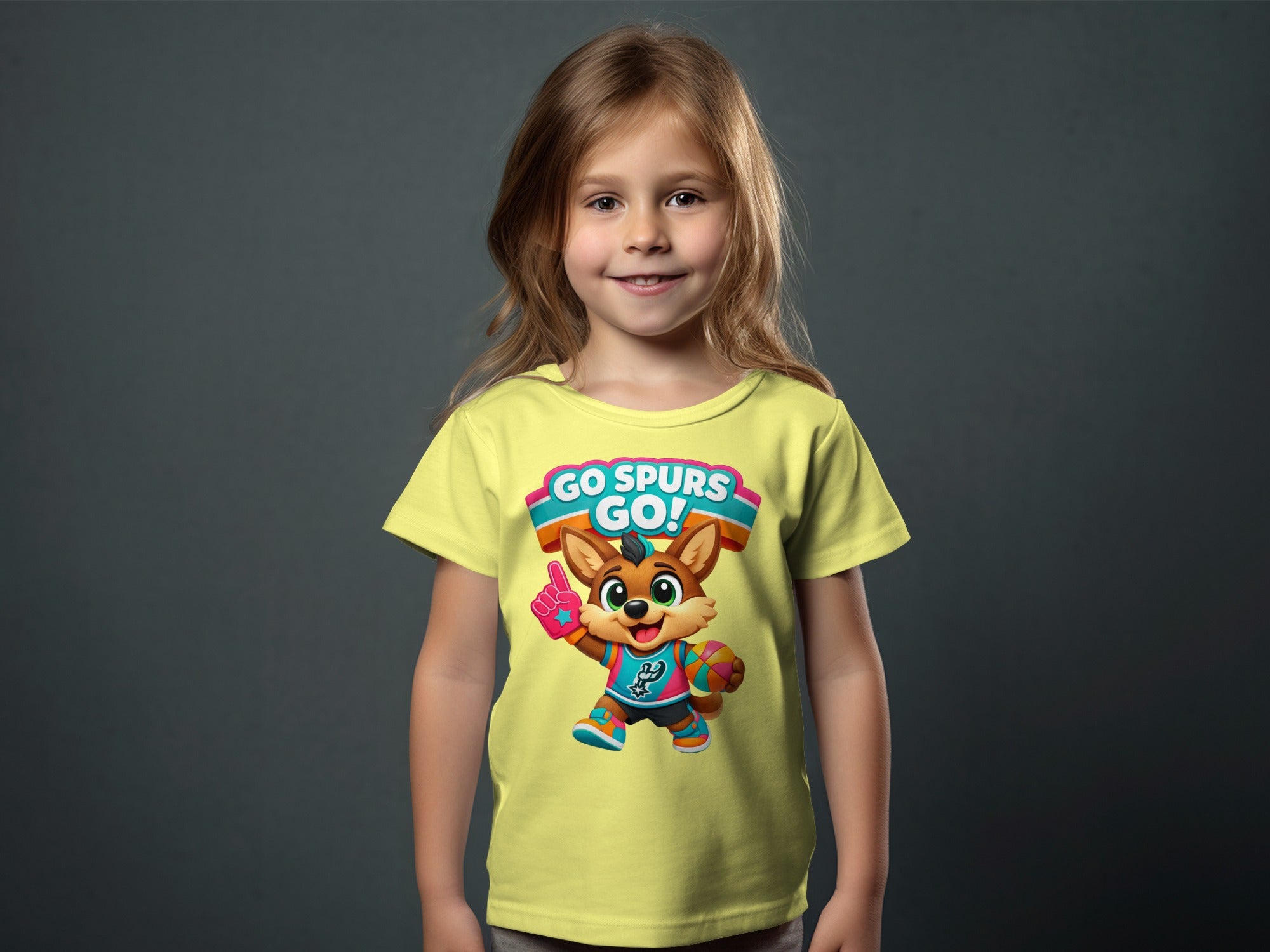 Young girl in yellow t-shirt displaying cartoon fox mascot with "GO SPURS GO!" text.