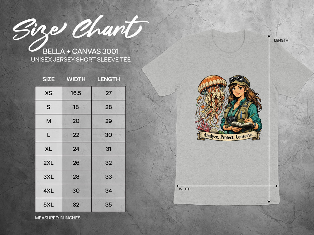Size chart for Bella + Canvas 3001 unisex jersey short sleeve tee by size, width, and length.