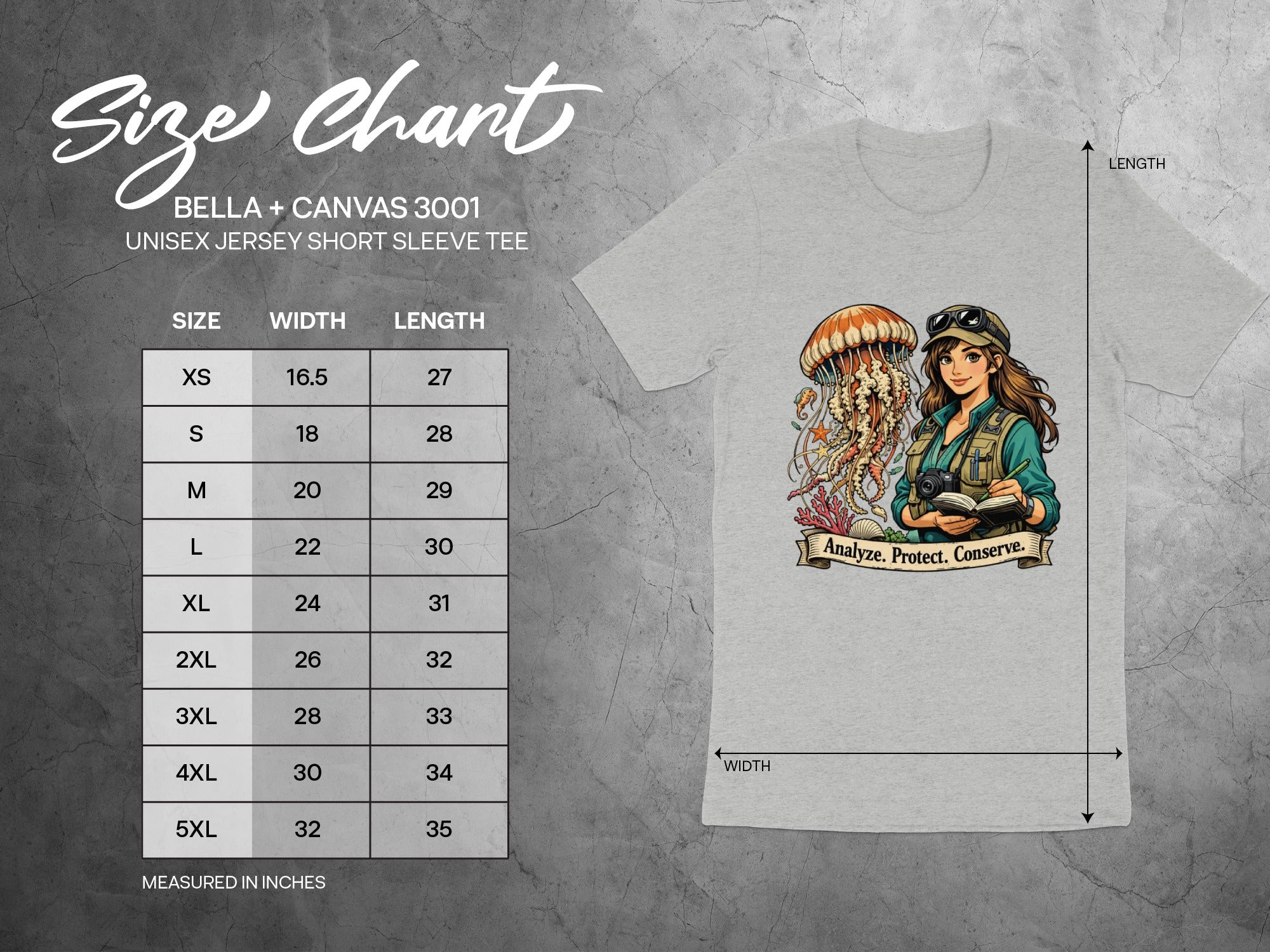 Size chart for Bella + Canvas 3001 unisex jersey short sleeve tee by size, width, and length.