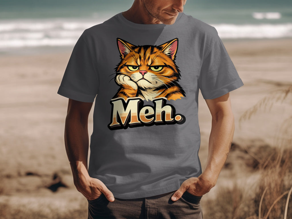 Gray t-shirt with bored expression orange tabby cat and "Meh." text.