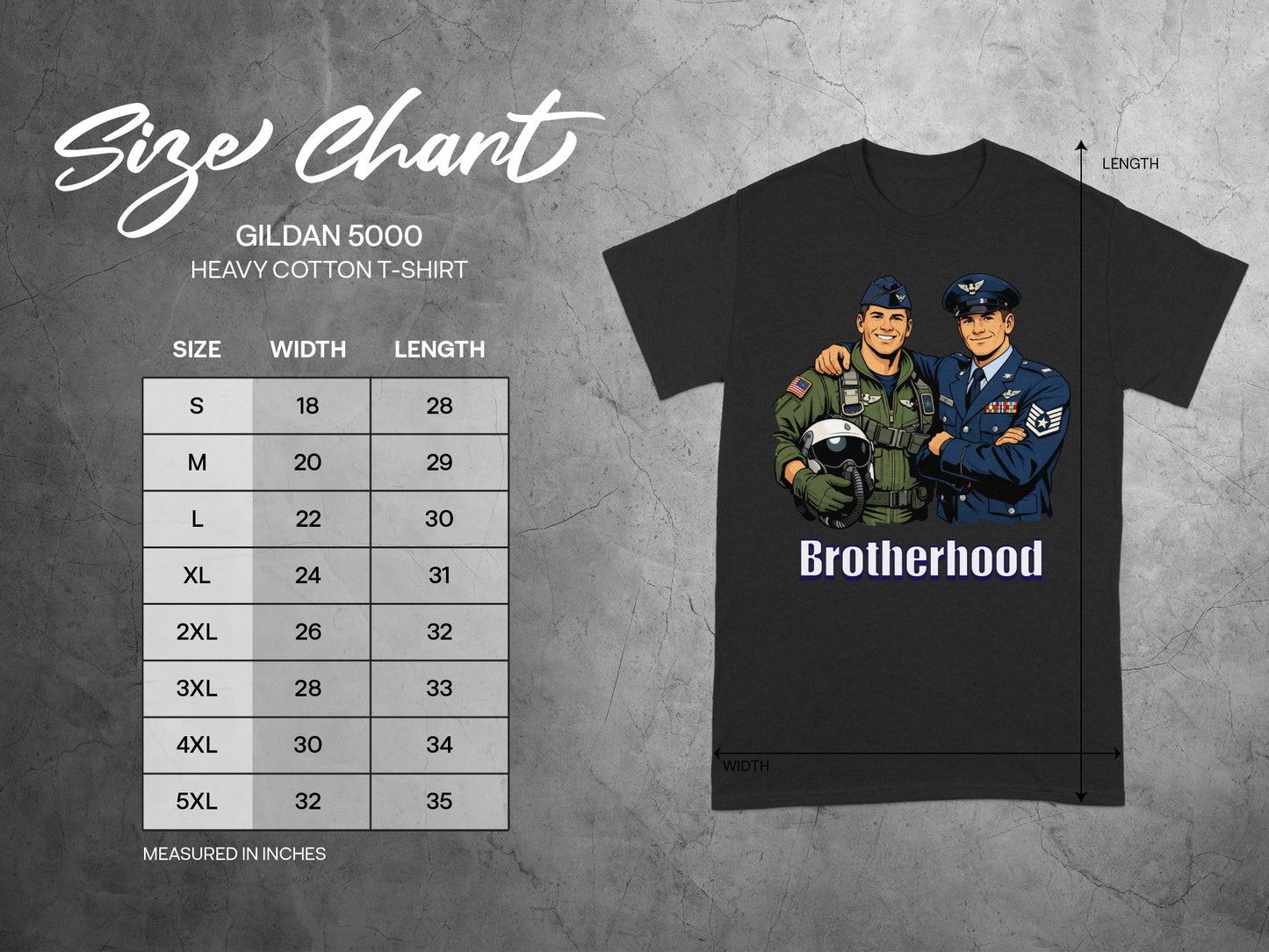 Gildan 5000 t-shirt size chart with two pilots titled "Brotherhood."