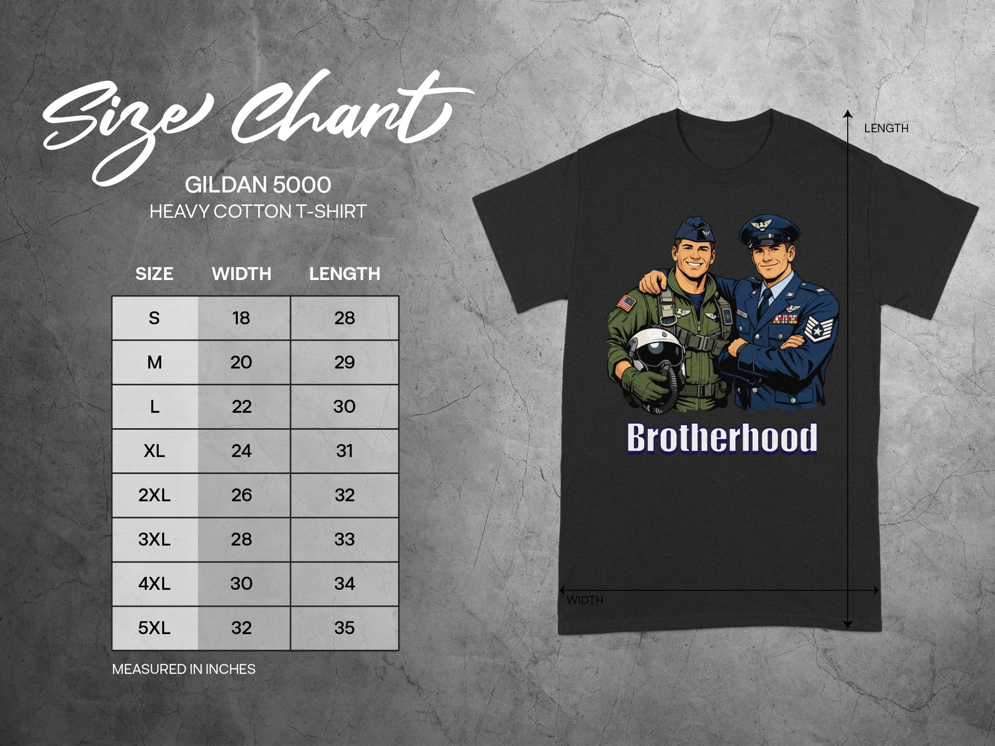 Gildan 5000 t-shirt size chart with two pilots titled "Brotherhood."