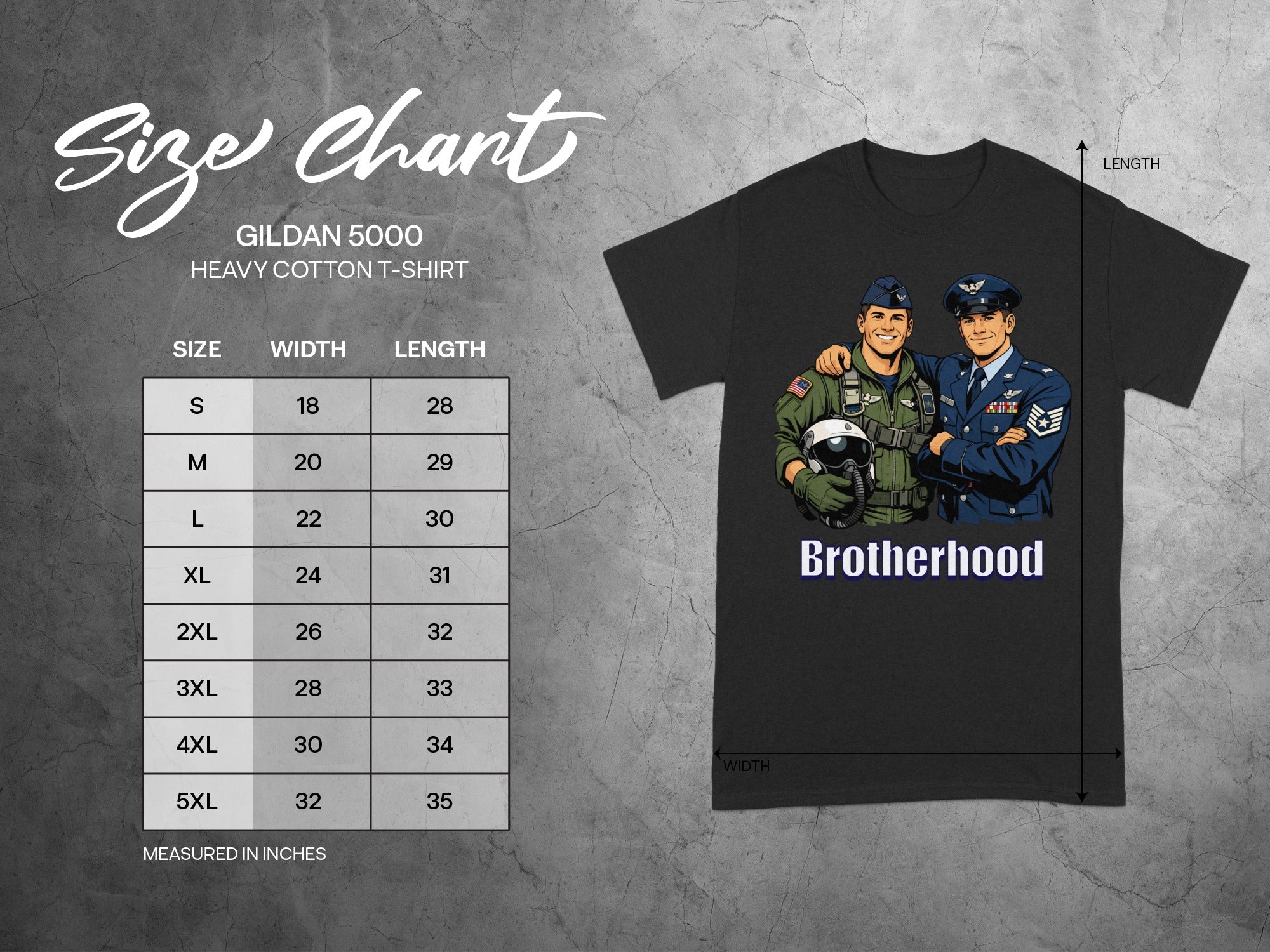 Gildan 5000 t-shirt size chart with two pilots titled "Brotherhood."