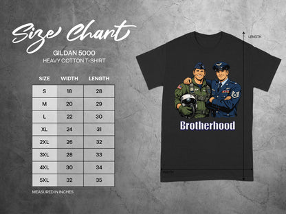 Gildan 5000 t-shirt size chart with two pilots titled "Brotherhood."
