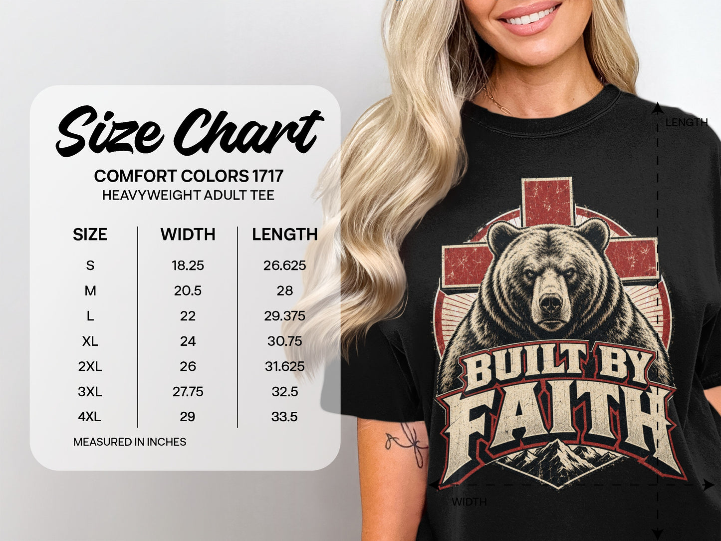 Size chart for Comfort Colors 1717 heavyweight adult tee with bear graphic.