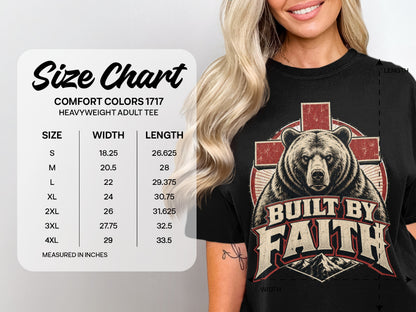 Size chart for Comfort Colors 1717 heavyweight adult tee with bear graphic.