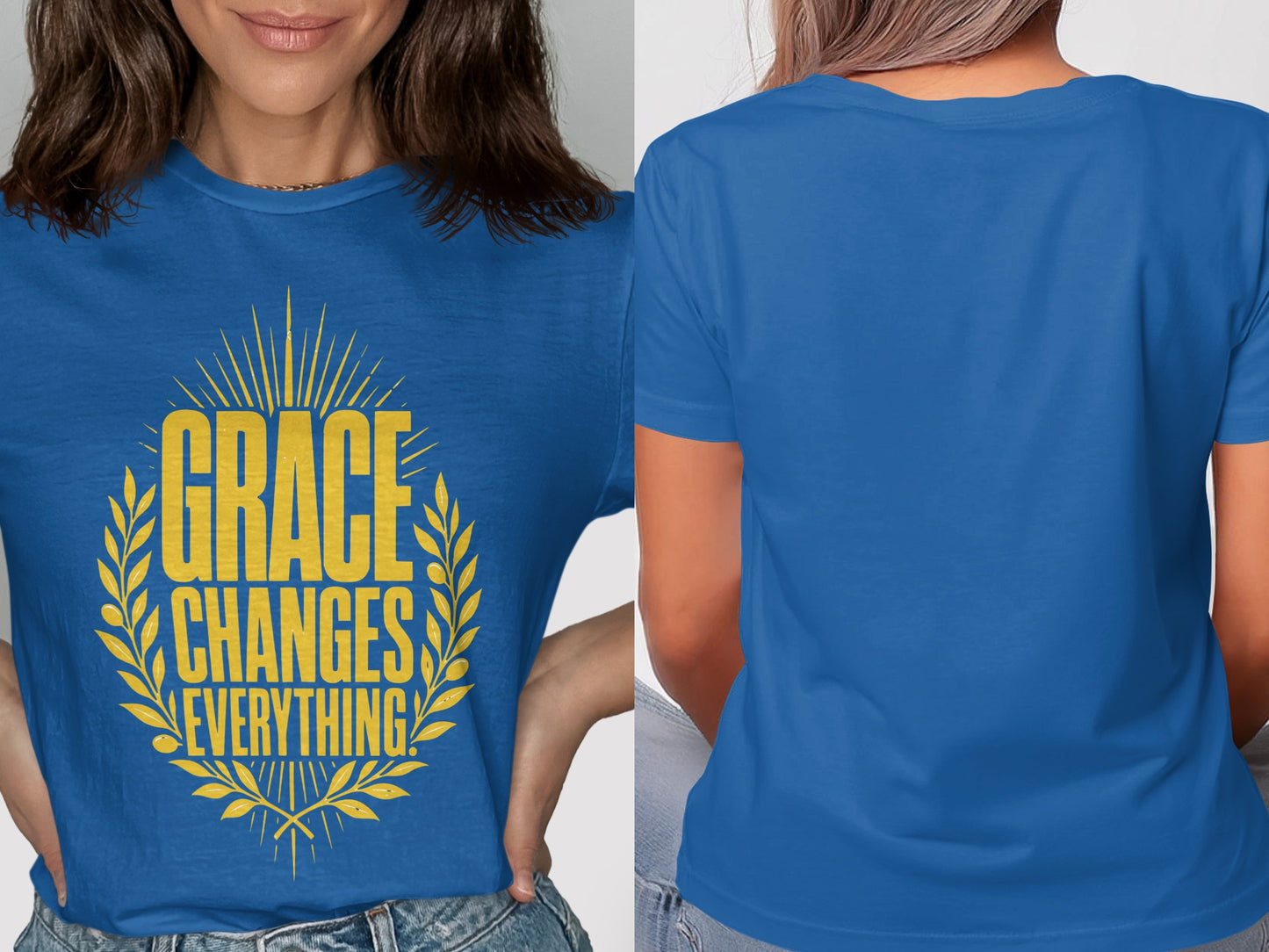 Blue t-shirt with yellow "GRACE CHANGES EVERYTHING" text and laurel wreath design