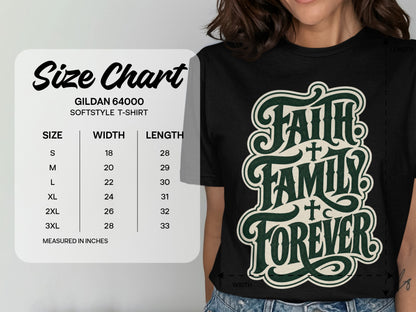 Gildan 64000 Softstyle T-shirt size chart with width and length measurements.