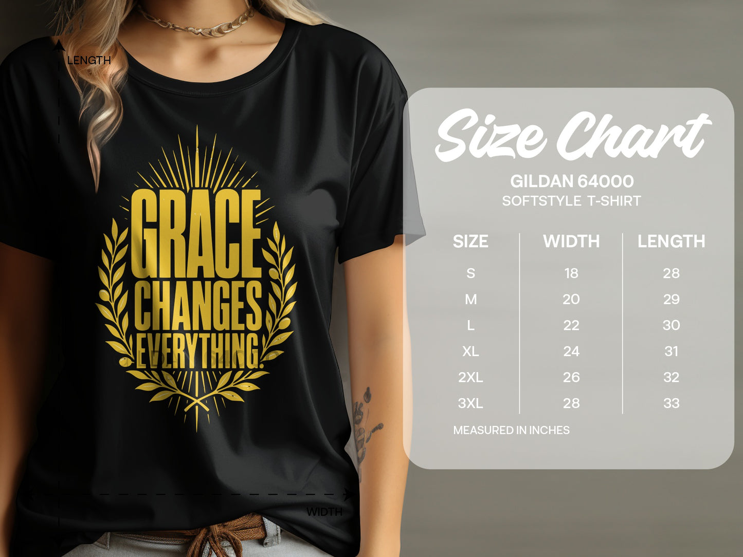 Black t-shirt with gold text "GRACE CHANGES EVERYTHING" and size chart.
